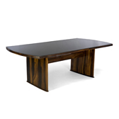 Dining table in Jacaranda and black glass. 